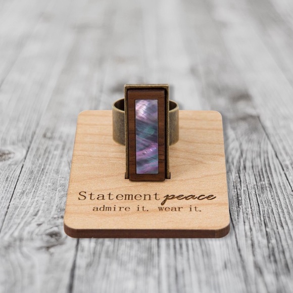 HANDMADE ABALONE Ring Artisan Wood Organic BOHO Brass Eco Friendly Hand Crafted - Picture 1 of 5